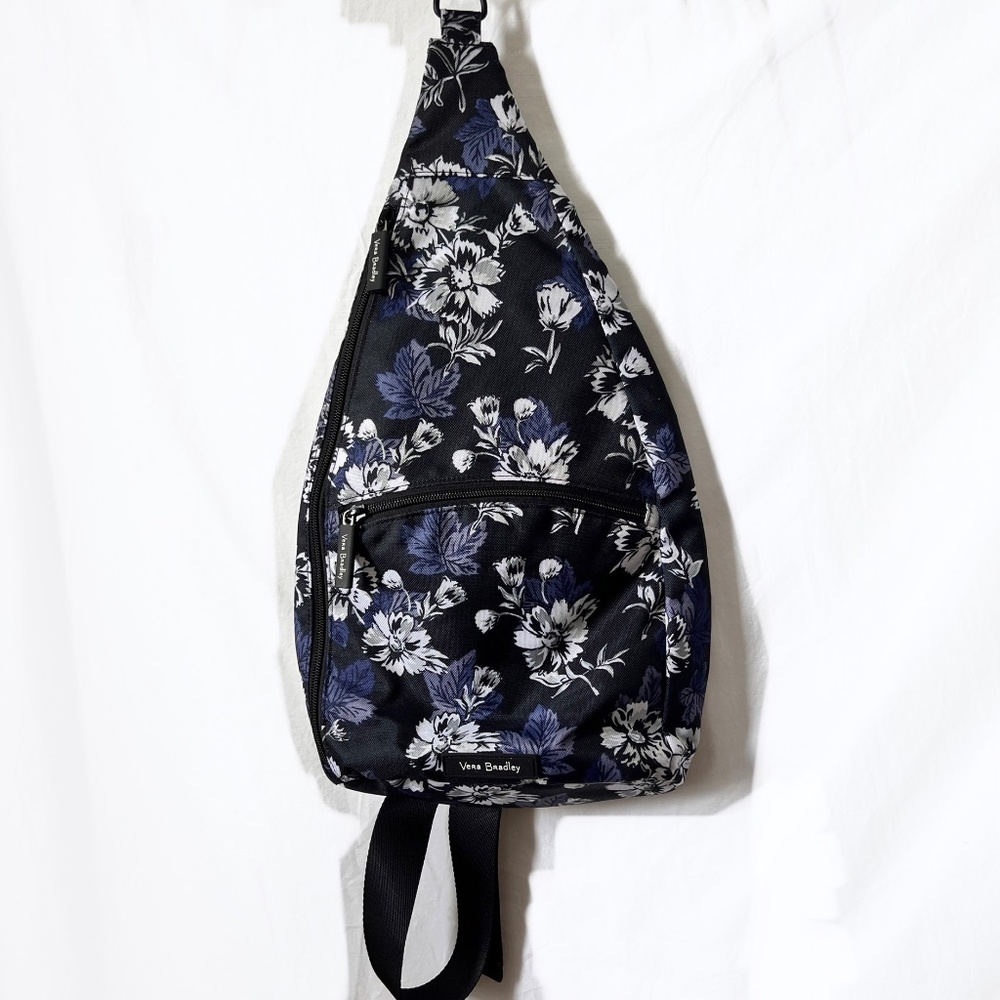 VERA BRADLEY Frosted Floral Sling Backpack Black Navy White Adjustable Strap NEW